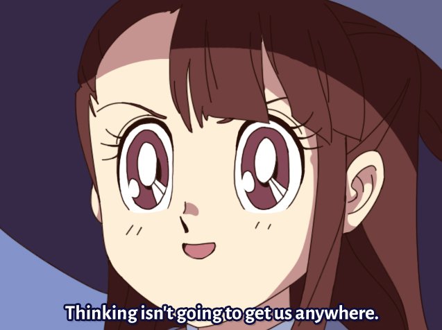 1990s_(style) 1girl bishoujo_senshi_sailor_moon brown_eyes brown_hair derivative_work english_text hat kagari_atsuko little_witch_academia open_mouth parody portrait retro_artstyle screencap_redraw solo style_parody subtitled trigger_support v-shaped_eyebrows witch_hat
