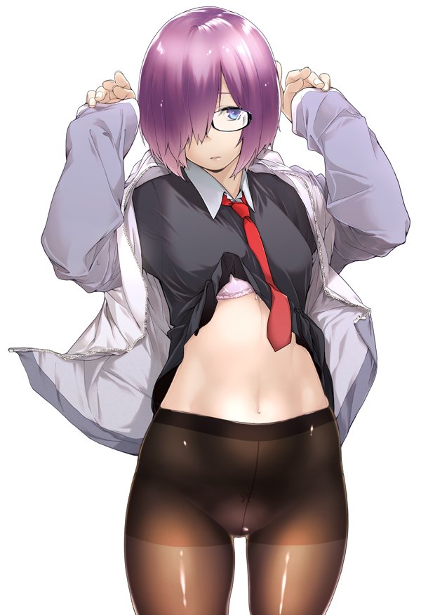 1girl arms_up blue_eyes bra bra_peek clothes_lift collared_shirt fate/grand_order fate_(series) hair_over_one_eye jacket looking_at_viewer mash_kyrielight minakuchi_takashi necktie open_clothes open_jacket panties panties_under_pantyhose pantyhose purple_hair red_necktie shirt shirt_lift short_hair simple_background solo thighband_pantyhose underwear white_background