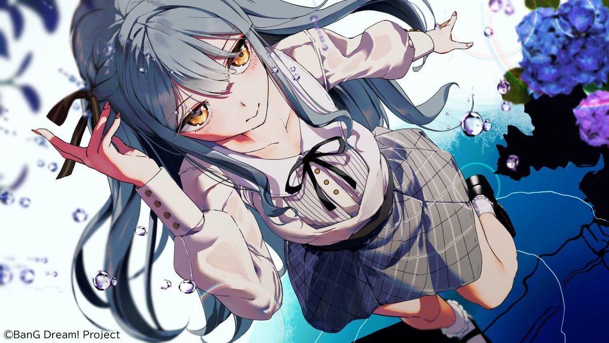 1girl bang_dream! bang_dream!_it's_mygo!!!!! black_footwear black_ribbon blue_hair closed_mouth collarbone collared_shirt commentary_request dutch_angle flower grey_skirt guest_art hair_between_eyes hair_ribbon hair_tucking hand_up haruhina_purple hydrangea long_hair long_sleeves neck_ribbon official_art pleated_skirt ribbon second-party_source shirt sidelocks skirt socks solo standing standing_on_one_leg togawa_sakiko two_side_up white_shirt white_socks yellow_eyes