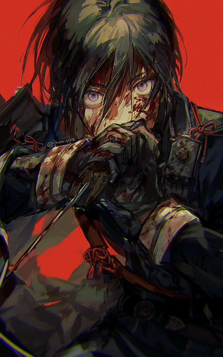 1boy armor black_hair black_jacket blood blood_on_clothes blood_on_face blood_on_hands blood_on_weapon blood_splatter hand_to_own_mouth hands_up highres holding holding_knife holding_weapon jacket japanese_clothes jhm_xyz knife lace looking_at_viewer male_focus military_jacket military_uniform purple_eyes red_background short_hair shoulder_armor touken_ranbu uniform weapon yagen_toushirou