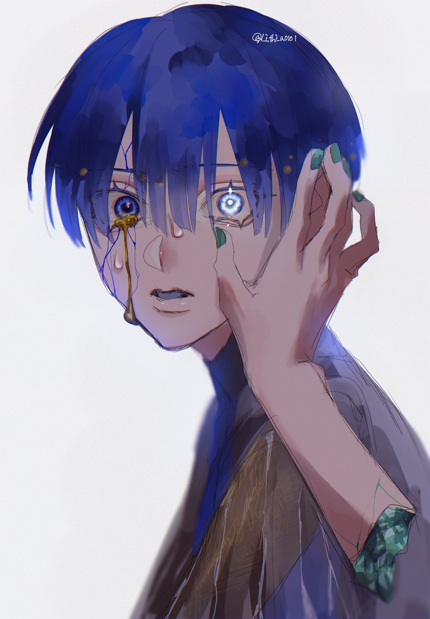 1other blue_eyes blue_hair bowl_cut comforting commentary cracked_skin crystal dual_persona from_side golden_arms green_nails heterochromia highres houseki_no_kuni li_thi_a0101 looking_at_viewer looking_to_the_side moon_uniform_(houseki_no_kuni) other_focus parted_lips phosphophyllite phosphophyllite_(ll) reaching see-through see-through_sleeves severed_hand severed_limb short_hair simple_background sketch solo_focus spoilers surprised time_paradox twitter_username upper_body wet white_background white_eyes wide_sleeves