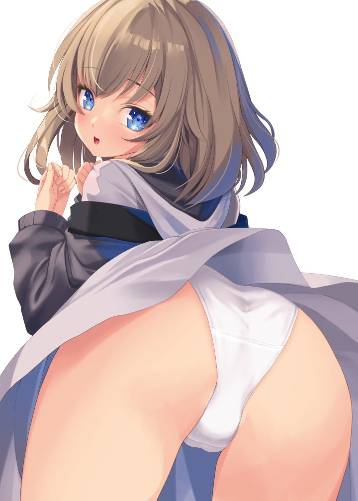 1girl ass bent_over black_jacket blue_eyes blush brown_hair cameltoe from_behind hood hood_down hoodie jacket jacket_over_hoodie kirishima_satoshi looking_at_viewer looking_back medium_hair open_mouth original panties simple_background skirt solo thighs underwear white_background white_hoodie white_panties white_skirt