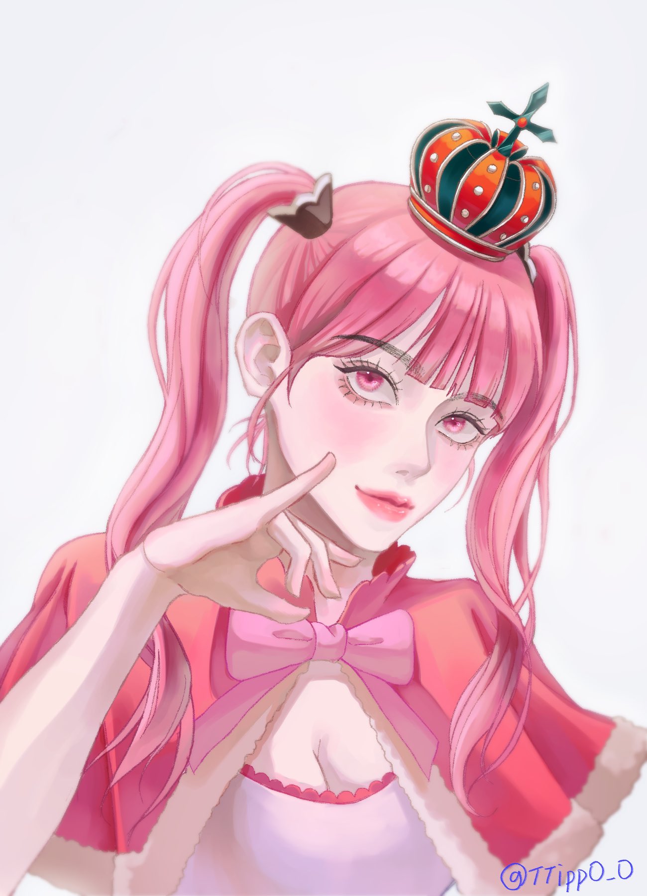 1girl artist_name blunt_bangs capelet closed_mouth commentary_request crown grey_background highres korean_commentary lips lipstick long_hair makeup one_piece perona pink_eyes pink_hair pink_lips pink_ribbon ribbon simple_background smile solo tilted_headwear ttippo-o twintails twitter_username