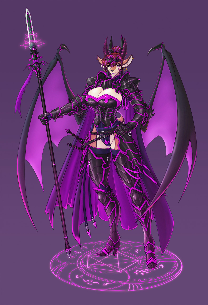 antelope anthro armor bat_wings big_breasts big_wings black_armor black_clothing black_panties black_sclera black_underwear black_weapon black_wings boots bovid bovid_demon breasts brown_hair clothing demon ear_piercing ear_ring female footwear gazelle geo_(pechallai) hair hand_on_leg hand_on_thigh hi_res high_heeled_boots high_heels highlights_(coloring) holding_object holding_spear holding_weapon horn looking_at_viewer magic magic_weapon mammal melee_weapon membrane_(anatomy) membranous_wings occult_symbol panties piercing pink_armor pink_cloak pink_eyes pink_hair pink_wings polearm purple_armor purple_cloak purple_eyes ring_piercing sigil solo spear spiked_wings spikes spikes_(anatomy) succubus symbol thomson's_gazelle true_antelope unconvincing_armor underwear weapon wing_spikes wings wmdiscovery93