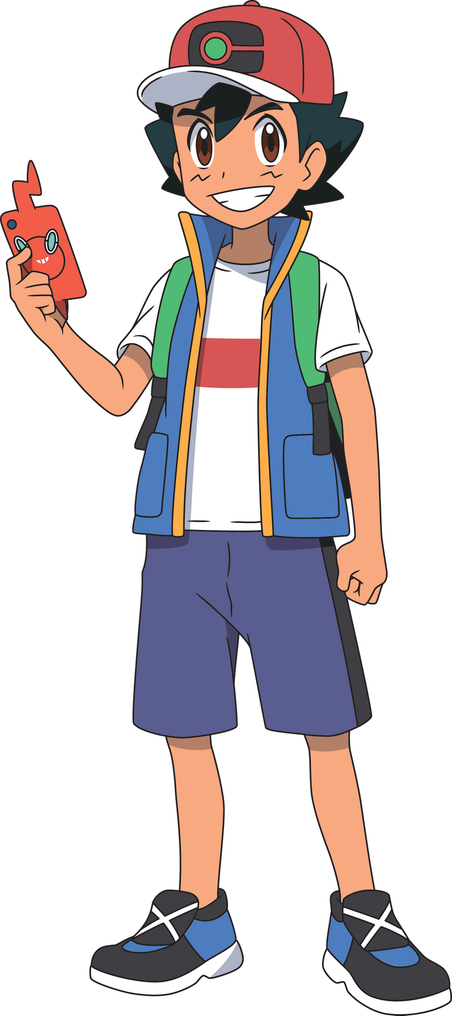 1boy ash_ketchum black_hair blue_vest brown_eyes clenched_hand full_body grey_shorts grin hand_up hat highres holding holding_phone male_focus official_art open_clothes open_vest phone pokemon pokemon_(anime) pokemon_journeys rotom rotom_phone shirt shoes short_hair short_sleeves shorts smile solo standing t-shirt teeth transparent_background vest white_shirt