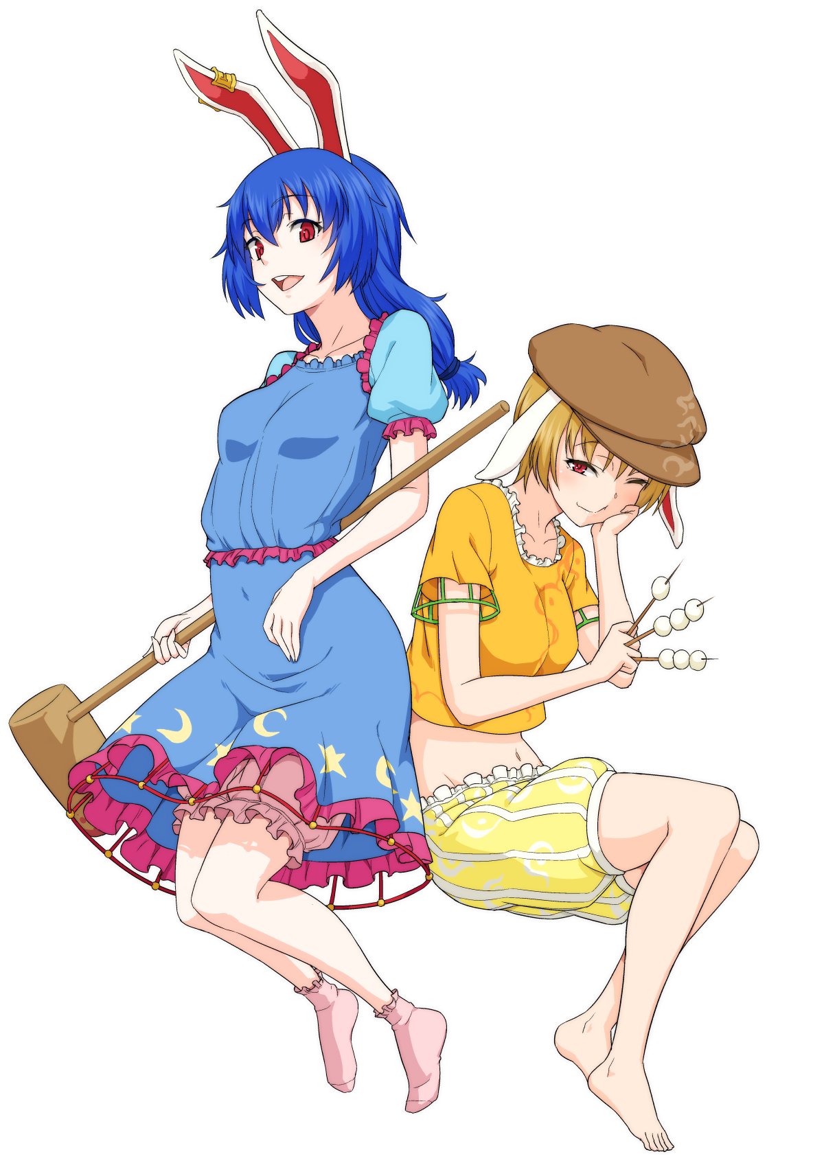 2girls ;) animal_ears barefoot blonde_hair bloomers blue_dress blue_hair breasts cabbie_hat closed_mouth commentary_request crescent_print dango dress food full_body hat highres holding holding_food kakone kine low_twintails mallet multiple_girls navel one_eye_closed open_mouth orange_shirt pink_footwear rabbit_ears rabbit_girl red_eyes ringo_(touhou) seiran_(touhou) shirt short_hair shorts small_breasts smile star_(symbol) star_print striped_clothes striped_shorts teeth touhou twintails upper_teeth_only wagashi yellow_shorts