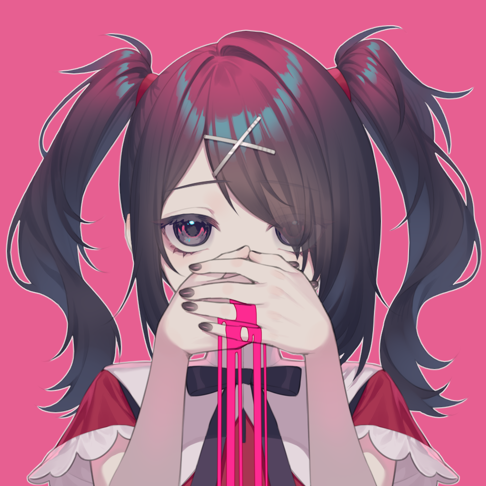 1girl ame-chan_(needy_girl_overdose) black_bow black_hair black_nails bow chi_yei commentary_request covering_own_mouth eyes_visible_through_hair grey_eyes hair_ornament hair_over_one_eye hairclip hands_up long_hair looking_at_viewer nail_polish needy_girl_overdose own_hands_together pink_background red_shirt shirt short_sleeves simple_background solo twintails upper_body wide_sleeves x_hair_ornament