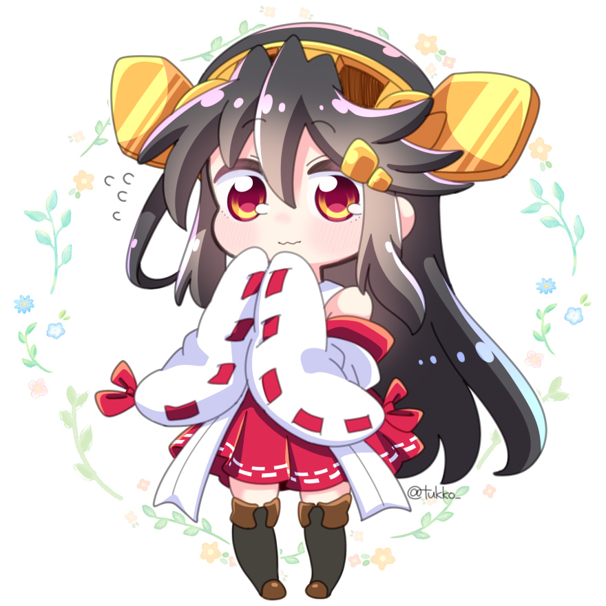 1girl bare_shoulders black_hair black_thighhighs blue_flower blush chibi detached_sleeves flower flying_sweatdrops full_body hair_between_eyes haruna_(kancolle) headgear japanese_clothes kantai_collection long_hair nontraditional_miko orange_flower own_hands_together pink_flower ribbon-trimmed_sleeves ribbon_trim solo standing thighhighs tsukko_(3ki2ne10) twitter_username very_long_hair wavy_mouth wide_sleeves