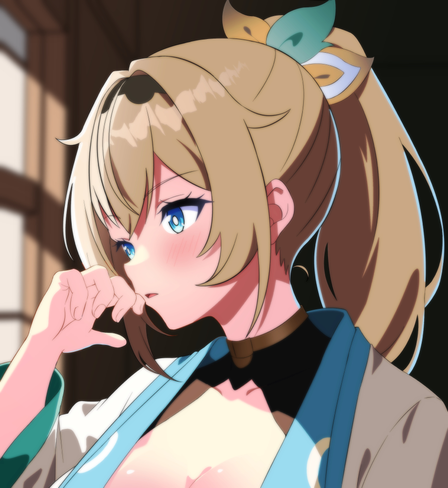 1girl blonde_hair blue_eyes blush bow hair_bow hololive japanese_clothes kazama_iroha kazama_iroha_(1st_costume) kimono multicolored_bow open_mouth pon_tanuki_(ga7fsrge9jxblaw) ponytail solo virtual_youtuber white_kimono