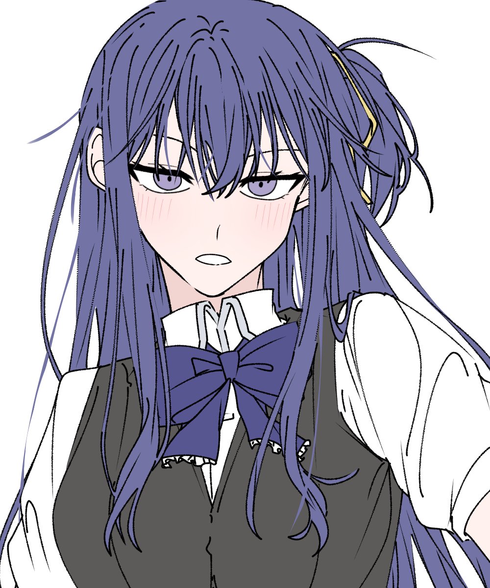 1girl a_jak black_dress blue_bow blue_bowtie blue_eyes blue_hair bow bowtie collared_shirt commentary_request dress dress_shirt hair_between_eyes hair_ribbon highres izumi_shiho korean_commentary long_hair one_side_up open_mouth pinafore_dress puffy_short_sleeves puffy_sleeves ribbon sasayaku_you_ni_koi_wo_utau school_uniform shirt short_sleeves sidelocks simple_background sleeveless sleeveless_dress solo upper_body white_background white_shirt yellow_ribbon