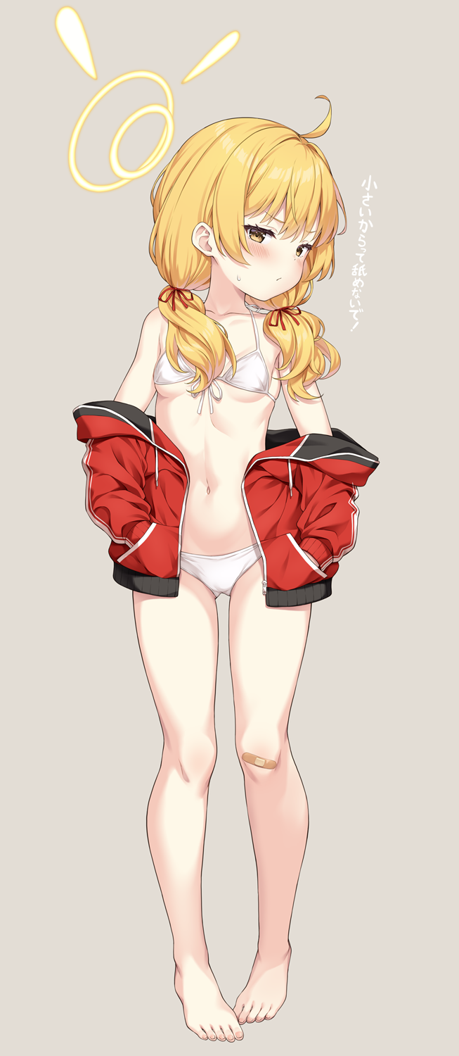 1girl ahoge bare_legs bare_shoulders barefoot bikini blonde_hair blue_archive blush bow breasts closed_mouth full_body grey_background groin hair_ribbon halo highres jacket long_hair long_sleeves looking_at_viewer low_twintails navel off_shoulder open_clothes open_jacket paid_reward_available red_jacket ribbon simple_background small_breasts solo standing stomach string_bikini sweatdrop swimsuit swimsuit_under_clothes twintails white_bikini yamasan yellow_eyes yoshimi_(blue_archive)