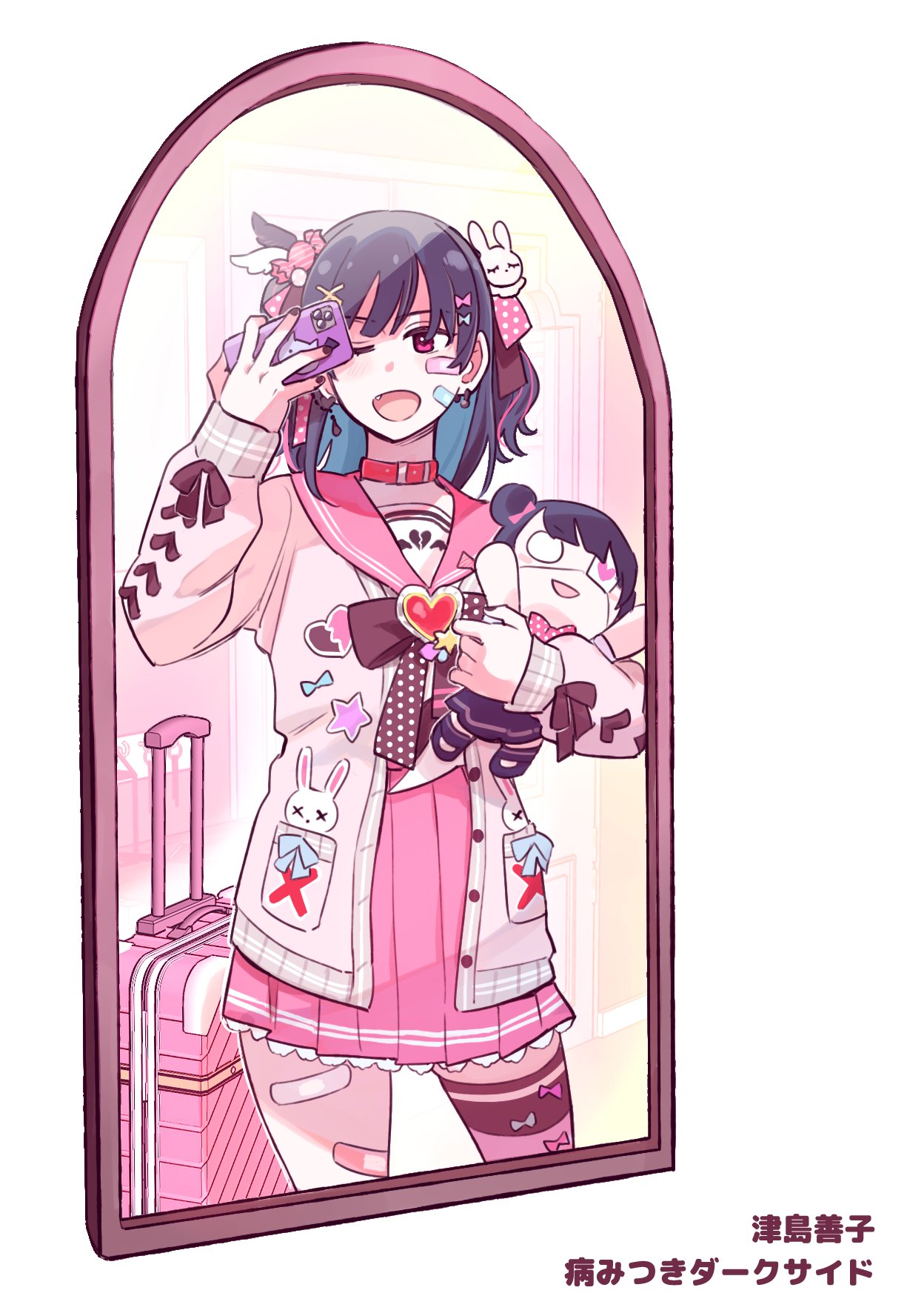 bandaid bandaid_on_face bandaid_on_leg black_hair blush character_doll commentary earrings fang hair_ornament heart highres holding holding_stuffed_toy indoors jewelry jirai_kei long_sleeves love_live! love_live!_school_idol_festival_all_stars love_live!_sunshine!! mirror nesoberi one_eye_closed open_mouth pink_eyes pink_hair pink_sailor_collar pink_shirt pink_skirt pito_(sh02327) pleated_skirt sailor_collar selfie shirt single_thighhigh skirt solo stuffed_toy suitcase taking_picture thighhighs translation_request tsushima_yoshiko yami_kawaii