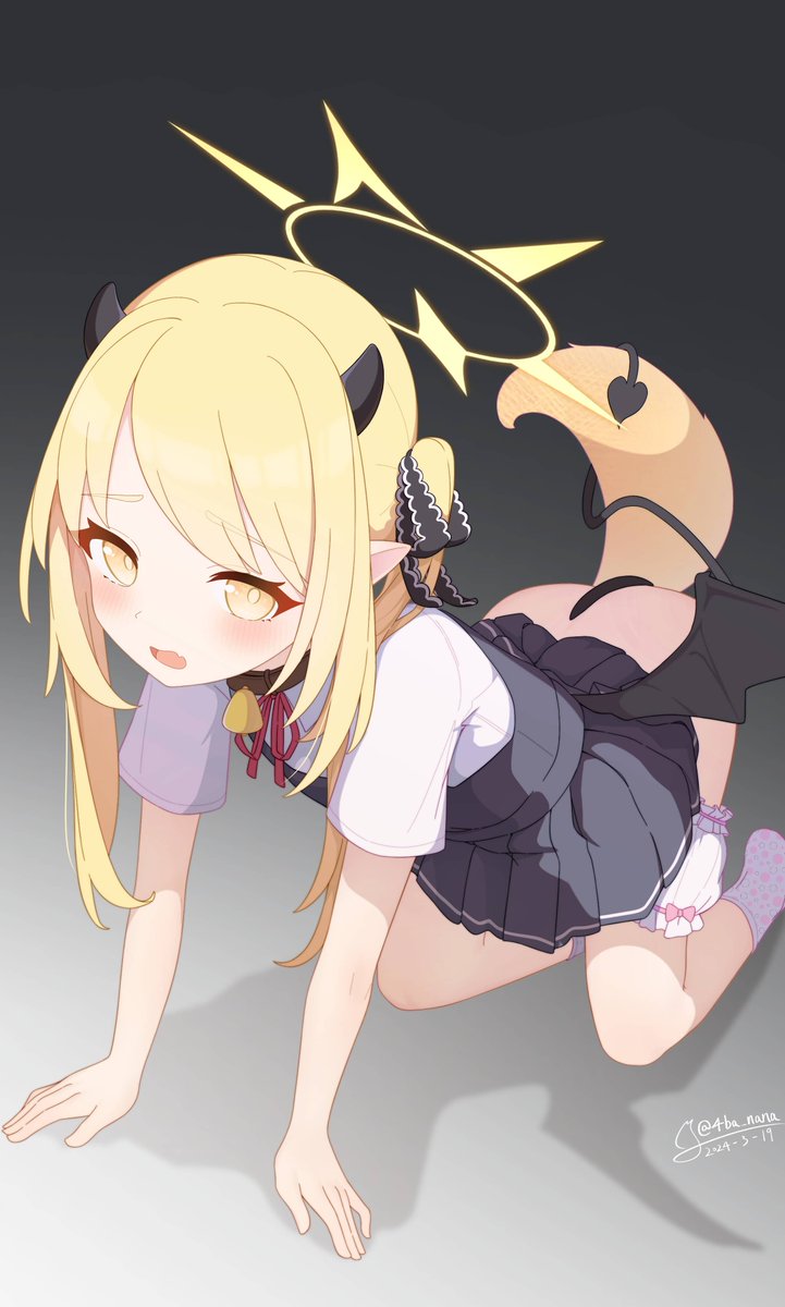 1girl 4ba_nana all_fours black_dress black_horns black_tail black_wings blonde_hair blue_archive blush collared_shirt dated demon_horns demon_tail demon_wings dog_tail dress gradient_background halo highres horns ibuki_(blue_archive) long_hair multiple_tails open_mouth pinafore_dress pointy_ears shirt short_sleeves signature sleeveless sleeveless_dress socks solo tail twitter_username two_tails white_shirt white_socks wings yellow_eyes yellow_halo