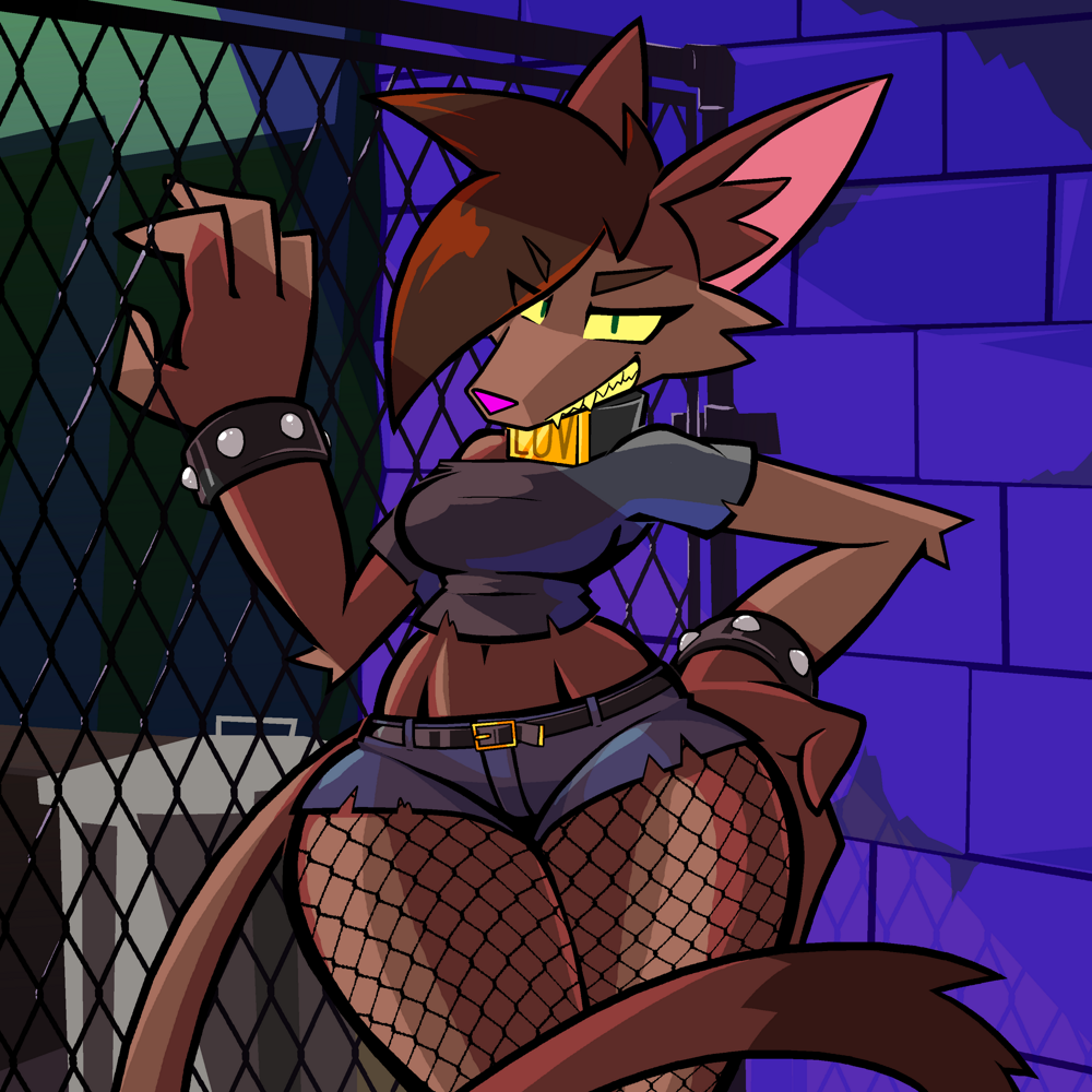2024 4_fingers alley anthro aygee bottomwear breasts brown_body brown_fur brown_hair canid canine canis clothing collar female fence fingers fishnet fishnet_leggings fur hair hand_on_hip looking_at_viewer mammal medium_breasts mirig_(aygee) night pink_nose shorts solo standing tail thick_thighs toony trash_can wide_hips wolf wristband yellow_sclera