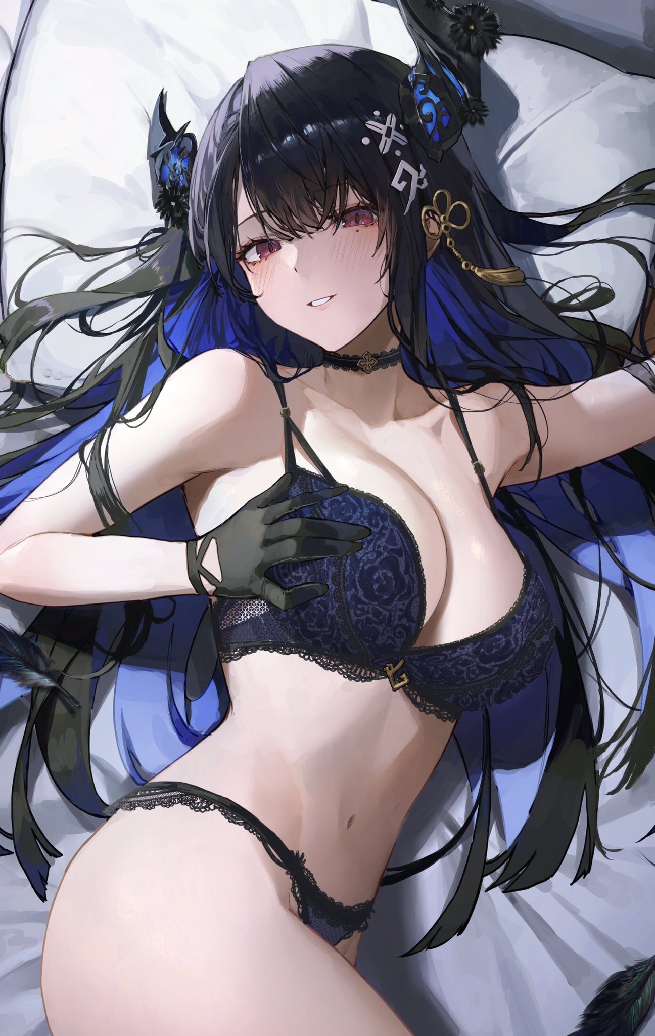 1girl armpits asymmetrical_horns bed_sheet black_choker black_flower black_gloves black_hair blue_bra blue_hair blue_panties blush bra breasts choker cleavage colored_inner_hair demon_horns feathers floral_print flower flower_knot gloves grin hair_ornament hand_on_own_chest highres hololive hololive_english horn_flower horns lace lace_bra lace_choker lace_panties large_breasts long_hair lying mole mole_under_eye multicolored_hair navel nerissa_ravencroft panties red_eyes sidelocks slit_pupils smile solo sooon stomach straight_hair tassel tassel_hair_ornament teeth underwear uneven_horns very_long_hair virtual_youtuber