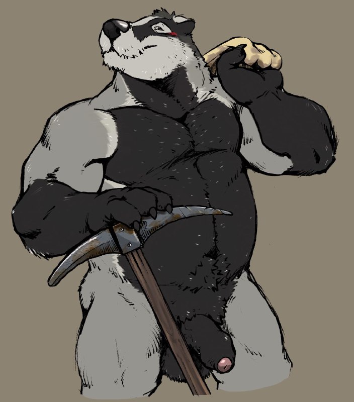 2021 anthro badger balls belly biceps blush butt deltoids echo_(series) echo_project flaccid foreskin genitals grin leo_zeke looking_at_viewer male mammal manly mature_male musclegut muscular muscular_legs mustelid musteline navel nikolai_(the_smoke_room) pecs penis pickaxe pubes simple_background slightly_chubby smile solo standing the_smoke_room towel towel_around_neck triceps