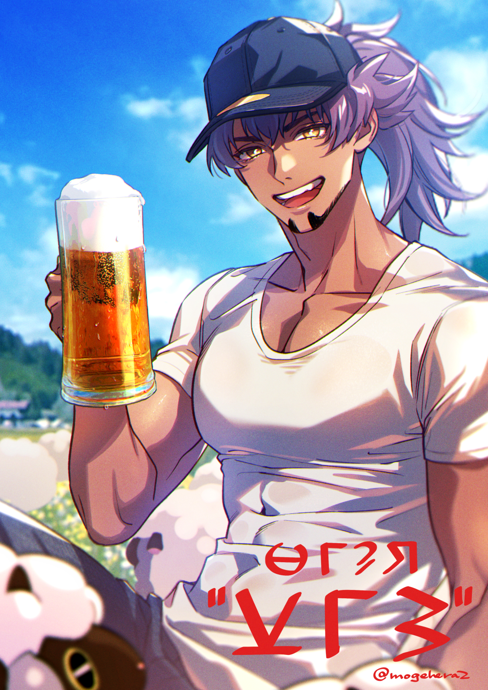 1boy alcohol baseball_cap beer beer_mug black_hat blue_sky collarbone cup facial_hair faux_text foam goatee hat highres holding holding_cup leon_(pokemon) long_hair looking_at_viewer male_focus messy_hair moge-hera mug open_mouth outdoors pectorals pokemon pokemon_(creature) pokemon_swsh purple_hair shirt short_sleeves sky teeth toned toned_male twitter_username upper_teeth_only white_shirt wooloo yellow_eyes