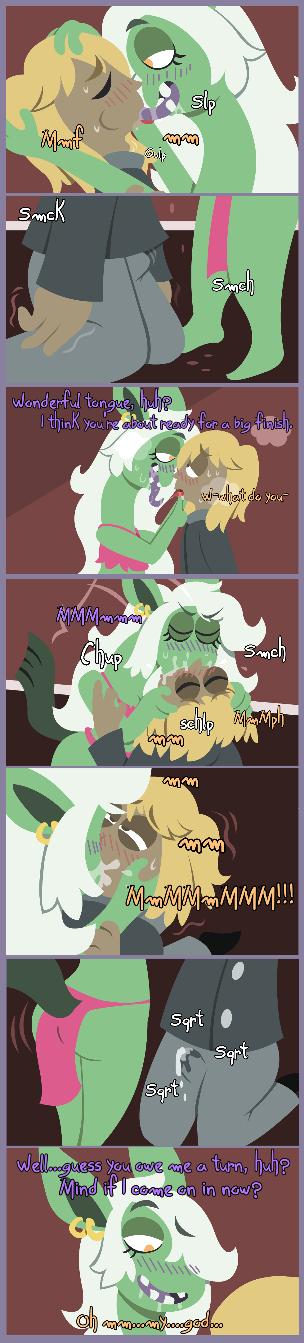 absurd_res anthro black_clothing blonde_hair bodily_fluids bottomwear brown_eyes clothing comic cum cum_in_clothing dark_body dark_skin duo ear_piercing english_text female french_kissing genital_fluids goblin green_body green_skin hair hi_res horse_tail human human_on_anthro humanoid humanoid_pointy_ears interspecies kissing loincloth long_hair long_image long_neck long_tongue male male/female mammal piercing pink_clothing purple_tongue shane_frost size_difference smaller_female tall_image text tongue white_hair yellow_eyes