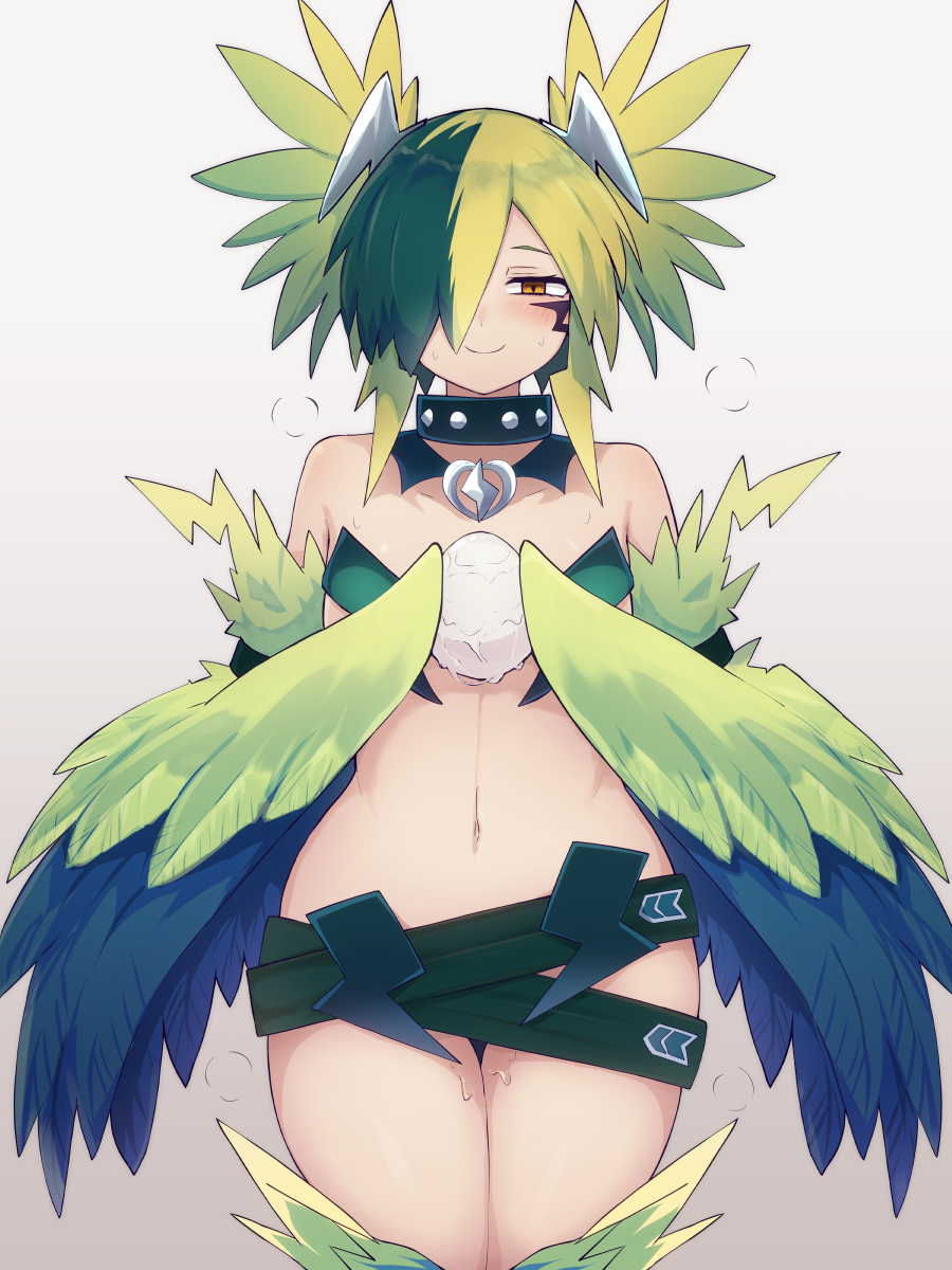 1girl bare_shoulders bird_legs black_feathers blonde_hair blush commentary_request egg facial_mark feathered_wings feathers green_feathers green_hair hair_over_one_eye harpy highres holding holding_egg looking_at_viewer midriff monster_girl monster_girl_encyclopedia multicolored_hair navel pussy_juice simple_background smile solo thunderbird_(monster_girl_encyclopedia) two-tone_hair two-tone_wings white_background winged_arms wings yonaga_san