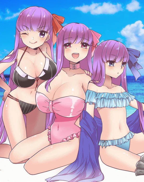 3girls bare_shoulders bb_(fate) bikini black_bikini blue_eyes blush bow breasts choker claws cleavage collarbone fate/extra fate/extra_ccc fate/grand_order fate_(series) frilled_bikini frills hair_ribbon hotaru_(candy) huge_breasts large_breasts long_hair looking_at_viewer meltryllis_(fate) multiple_girls navel one-piece_swimsuit one_eye_closed passionlip_(fate) pink_eyes pink_ribbon purple_eyes purple_hair ribbon side-tie_bikini_bottom small_breasts smile string_bikini swimsuit thighs very_long_hair