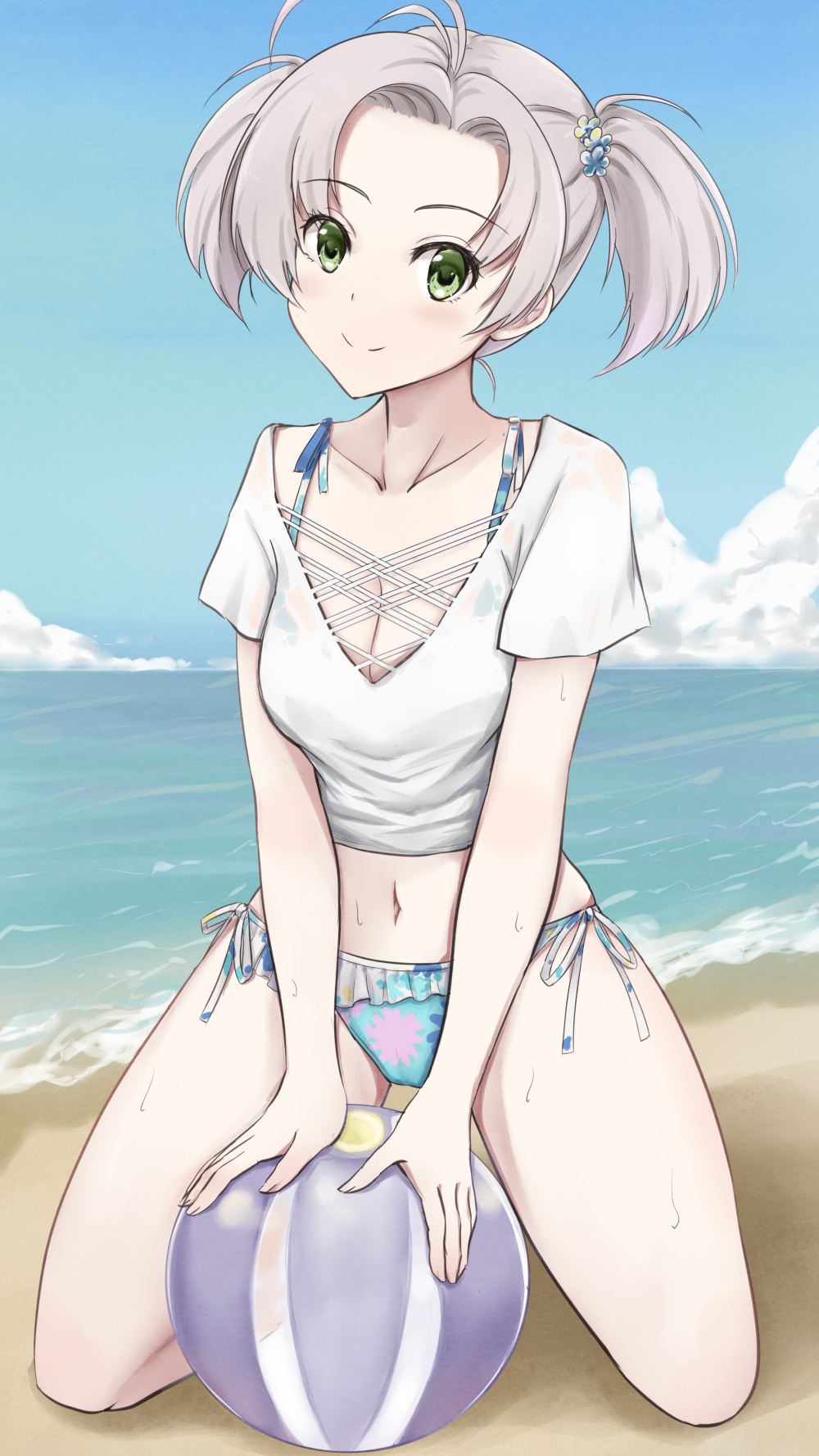 1girl antenna_hair ball beach beachball bikini bikini_under_clothes breasts day green_eyes grey_hair highres kantai_collection kinugasa_(kancolle) kneeling koru_pera medium_breasts navel ocean outdoors parted_bangs shirt short_sleeves side-tie_bikini_bottom smile solo swimsuit twintails white_shirt