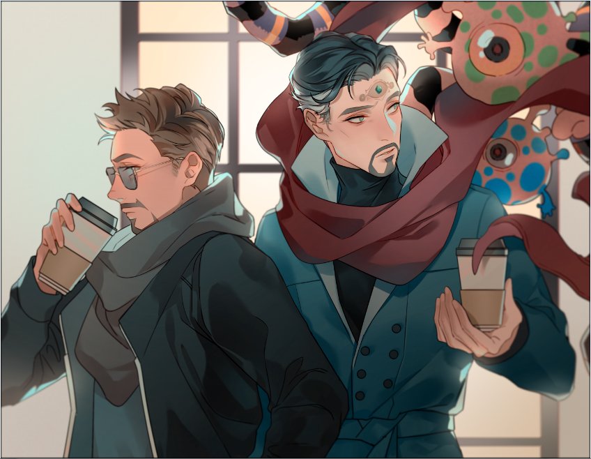 2boys belt black_hair black_jacket black_sweater blue_belt blue_coat blue_eyes brown_eyes brown_hair buttons chinese_commentary cloak closed_mouth coat coffee_cup commentary_request creature cup disposable_cup doctor_strange facial_hair gem green_gemstone grey_hair grey_scarf grey_shirt hand_up holding holding_cup jacket kottie long_sleeves looking_at_another looking_to_the_side male_focus marvel marvel_cinematic_universe multicolored_hair multiple_boys open_clothes open_jacket outdoors red_cloak scarf shirt short_hair standing sunglasses sweater tony_stark turtleneck turtleneck_sweater two-tone_hair window yellow-framed_eyewear