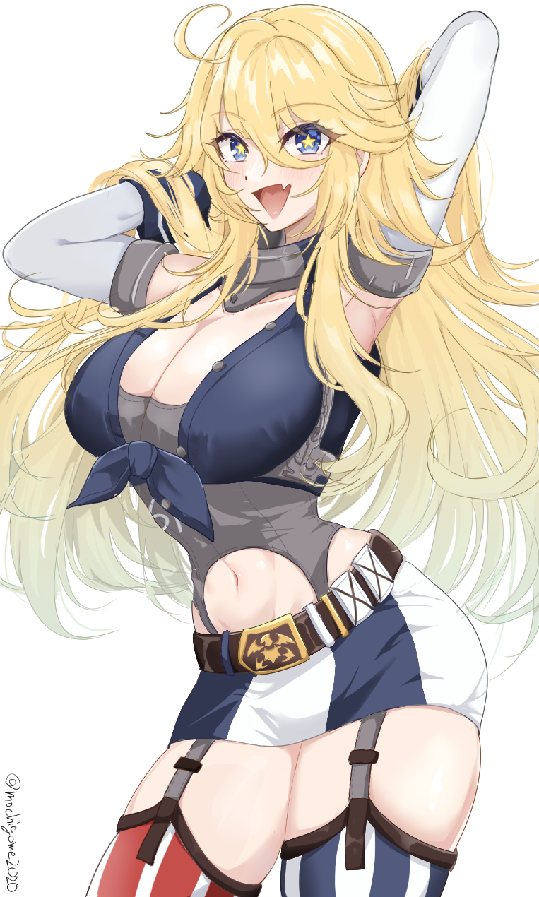 1girl american_flag_legwear asymmetrical_legwear blonde_hair blue_eyes breasts chamumi_(mochiumee) cleavage cowboy_shot elbow_gloves flag_print front-tie_top gloves hair_between_eyes highres iowa_(kancolle) kantai_collection large_breasts long_hair looking_at_viewer mismatched_legwear skirt smile solo star-shaped_pupils star_(symbol) striped_clothes striped_thighhighs symbol-shaped_pupils thighhighs twitter_username vertical-striped_clothes vertical-striped_thighhighs white_background