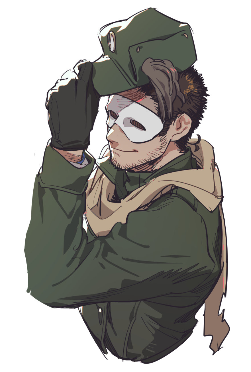 1boy axis_powers_hetalia beard_stubble character_request check_copyright copyright_request cropped_torso eye_mask facial_hair from_above fukurau hat highres holding holding_clothes holding_hat male_focus mature_male scarf short_hair smirk solo stubble