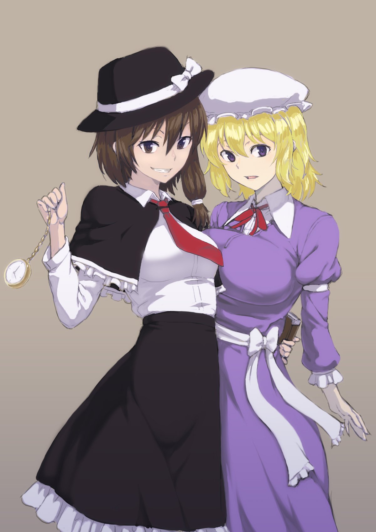 2girls black_capelet book braid breasts brown_background brown_eyes capelet commentary dress fedora hat highres kakone large_breasts maribel_hearn medium_breasts mob_cap multiple_girls necktie open_mouth pocket_watch purple_dress purple_eyes red_necktie shirt side_braid simple_background single_braid smile touhou usami_renko watch white_shirt