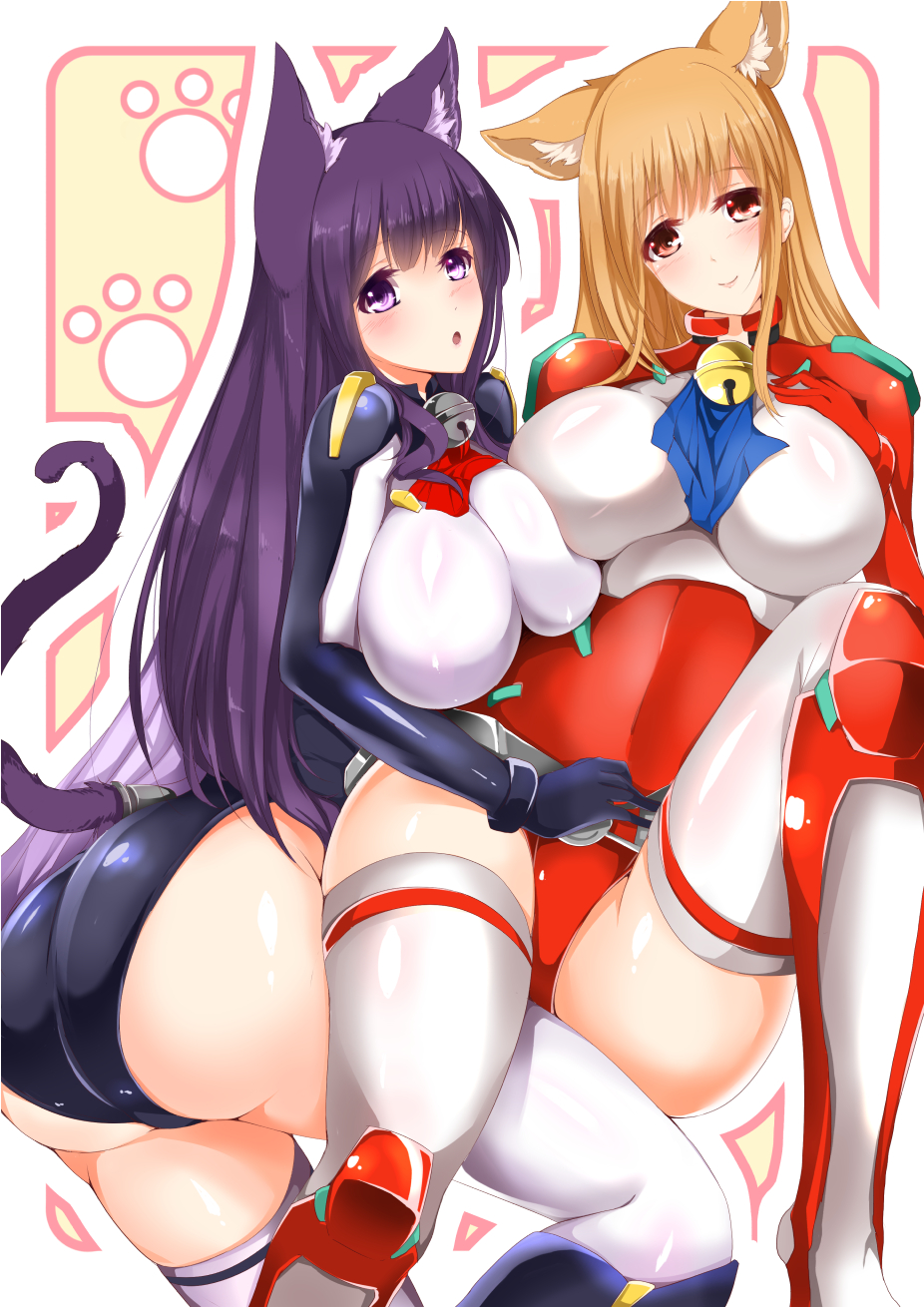 :o animal_ears ascot asobi_ni_iku_yo! ass asymmetrical_docking bangs bell bell_collar belt blush bracer breast_press breasts cat_ears cat_tail collar covered_navel eris_(asobi_ni_iku_yo!) extra_ears gloves hand_on_own_chest head_tilt highres huge_ass impossible_clothes jingle_bell knee_up kuune large_breasts leotard light_brown_hair light_smile long_hair looking_at_viewer looking_back minamon_(vittel221) multiple_girls outline paw_print purple_eyes purple_hair red_eyes red_leotard shiny shiny_clothes smile surprised tail tail_through_clothes thighhighs thighs turtleneck very_long_hair white_legwear