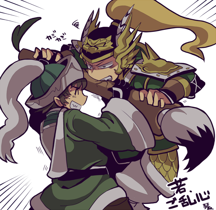 2boys armor biting blonde_hair brown_hair calligraphy_brush chinese_armor chinese_clothes emphasis_lines fighting green_hat grin helmet kotorai long_hair long_sleeves ma_chao ma_dai male_focus multiple_boys nervous oversized_object paintbrush shin_sangoku_musou smile squiggle sweatdrop translation_request white_background wide_sleeves