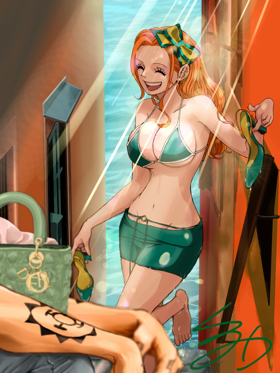 1boy 1girl ^_^ arm_tattoo bag bikini bikini_top_only bow breasts closed_eyes commentary_request denim earrings hair_bow highres holding holding_shoes jeans jewelry kuromitsu_(erup8438) long_hair miniskirt nami_(one_piece) no_tattoo ocean one_piece orange_hair pants shoes sidelocks skirt swimsuit tattoo teeth trafalgar_law underboob upper_teeth_only