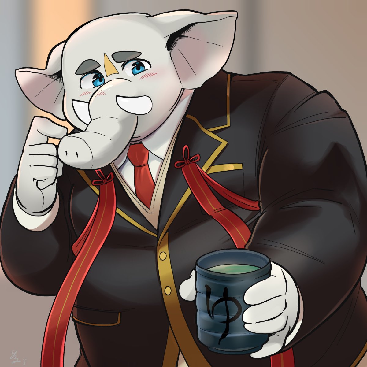 anthro belly beverage blue_eyes blush clothing elephant elephantid formal_clothing grey_body hi_res hizen_(tamacolle) male mammal overweight proboscidean solo suit tamacolle tea tusks yurunezi