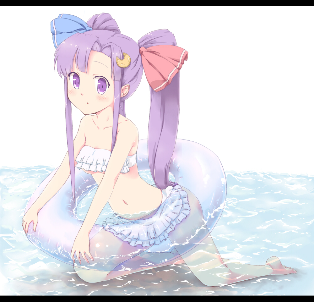 bikini bikini_skirt coo crescent crescent_hair_ornament frilled_bikini frills hair_ornament innertube long_hair patchouli_knowledge purple_eyes purple_hair solo swimsuit touhou twintails water