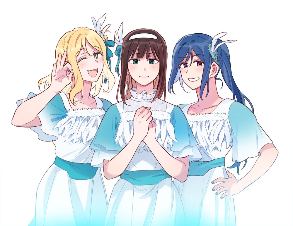 3girls blonde_hair blue_dress blue_eyes blue_hair blue_nails braid brown_hair closed_mouth commentary_request cowboy_shot crown_braid dress feather_hair_ornament feathers green_eyes grin hair_ornament hand_on_own_hip korean_commentary kurosawa_dia long_hair love_live! love_live!_sunshine!! matsuura_kanan medium_hair multiple_girls ohara_mari ok_sign one_eye_closed open_mouth own_hands_together pito_(sh02327) ponytail purple_eyes short_sleeves simple_background smile white_background