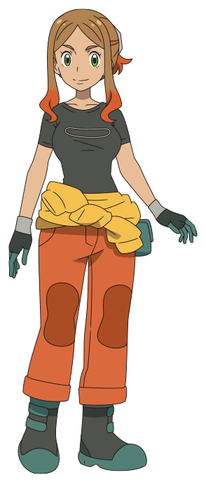 1girl boots breasts brown_hair closed_mouth clothes_around_waist eyelashes gloves green_eyes green_footwear green_gloves looking_at_viewer multicolored_hair official_art orange_hair orange_pants orla_(pokemon) pants parted_bangs pokemon pokemon_(anime) pokemon_horizons shirt short_sleeves sidelocks smile solo split_mouth t-shirt transparent_background two-tone_hair