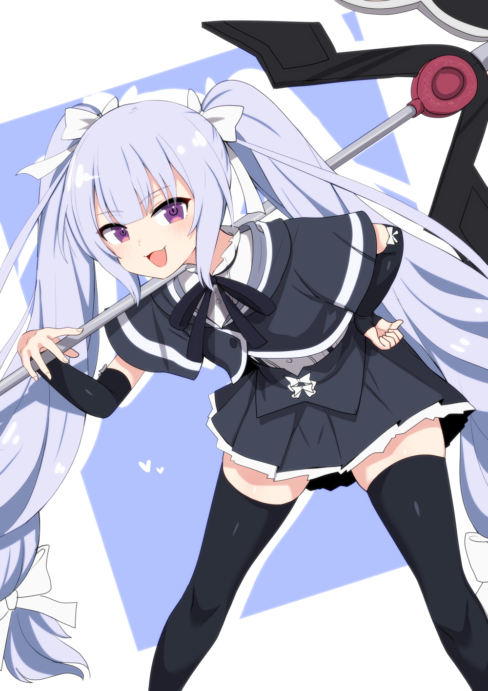 1girl :3 :d assault_lily black_ribbon black_skirt black_thighhighs blue_background blunt_bangs blush bow buttons commentary_request cropped_jacket detached_sleeves fang feet_out_of_frame frilled_shirt_collar frills fumutarou grey_hair hair_bow hand_on_own_hip hand_up heart highres holding holding_weapon leaning_forward long_hair long_sleeves looking_at_viewer miniskirt miriam_hildegard_von_gropius neck_ribbon over_shoulder pleated_skirt polearm purple_eyes ribbon school_uniform shirt short_sleeves skirt sleeve_bow smile solo standing suspenders thighhighs twintails two-tone_background underbust very_long_hair weapon weapon_over_shoulder white_background white_shirt yurigaoka_girls_academy_school_uniform zettai_ryouiki