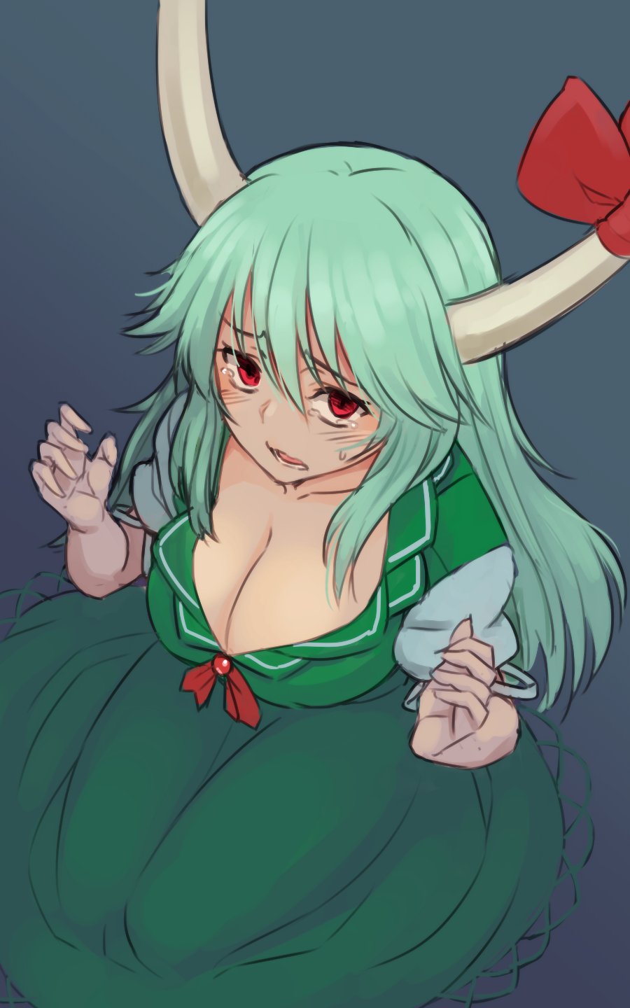 1girl breasts cleavage collarbone dress ex-keine from_above green_dress green_hair highres horn_ornament horn_ribbon horns kakone kamishirasawa_keine looking_at_viewer looking_up puffy_short_sleeves puffy_sleeves red_eyes ribbon short_sleeves solo tears touhou