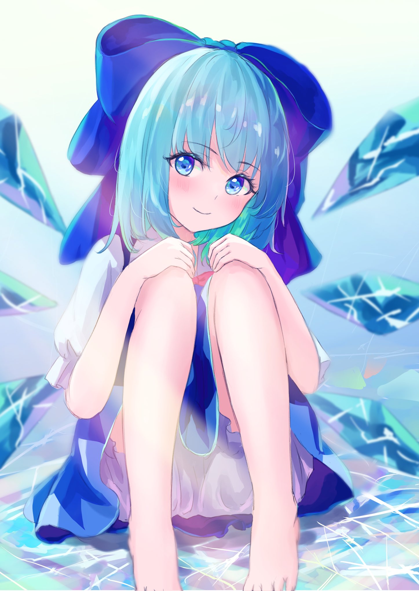 1girl bloomers blue_bow blue_dress blue_eyes blue_hair blush bow cirno closed_mouth commentary_request detached_wings dress hair_bow hands_on_own_knees highres ice ice_wings looking_at_viewer medium_hair narutakaya pinafore_dress sitting sleeveless sleeveless_dress smile solo touhou white_bloomers wings