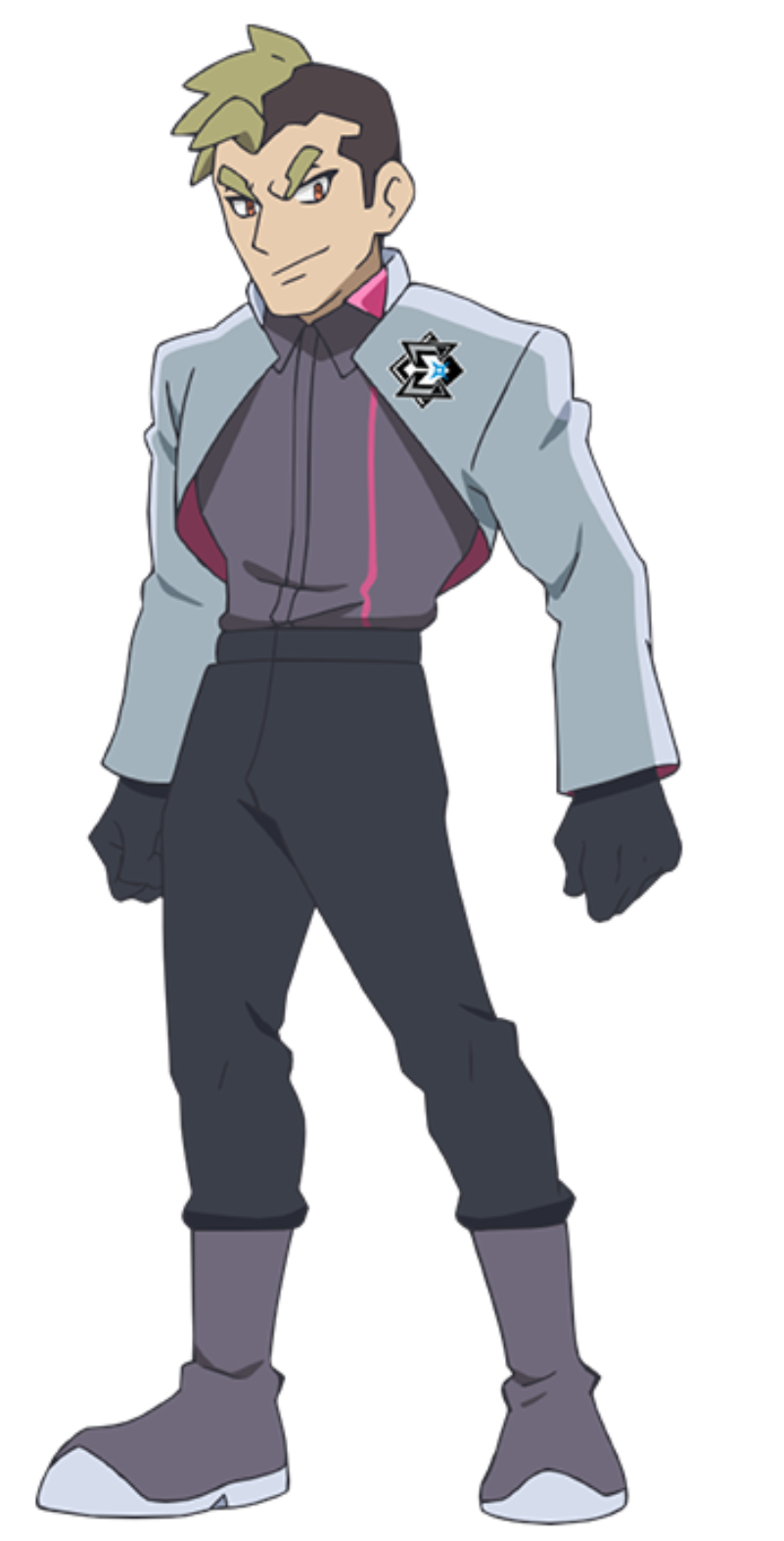 1boy black_gloves black_pants blonde_hair boots brown_hair clenched_hands closed_mouth collared_shirt cropped_jacket full_body gloves grey_footwear grey_jacket grey_shirt highres jacket logo long_sleeves looking_down male_focus multicolored_hair official_art pants pants_tucked_in pokemon pokemon_(anime) pokemon_horizons shirt short_hair smile solo standing transparent_background two-tone_hair zirc_(pokemon)