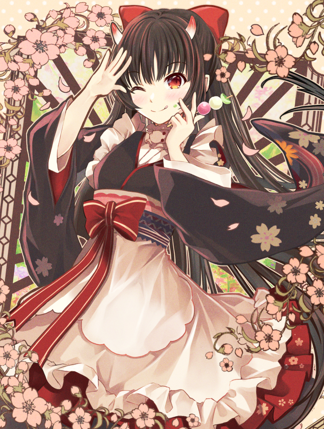 1girl apron azur_lane black_kimono brown_hair dango falling_feathers feathers floral_print_kimono flower food frilled_apron frills highres horns japanese_clothes kimono kimono_skirt long_hair long_sleeves looking_at_viewer maid maya_(tirolpop) official_alternate_costume pink_flower red_eyes sakawa_(azur_lane) sakawa_(the_colors_of_love)_(azur_lane) sanshoku_dango solo very_long_hair wa_maid wagashi white_apron wide_sleeves