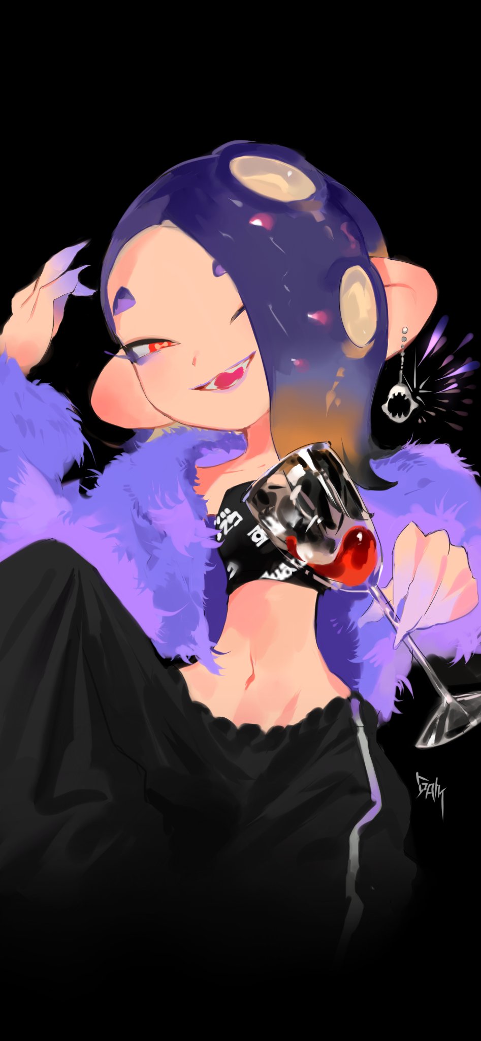 1girl alcohol arm_up black_background black_pants black_tube_top blonde_hair blue_hair blue_jacket bright_pupils cephalopod_eyes cowboy_shot cup drink drinking_glass earrings fangs fur_jacket gam_(99jellys) gradient_hair hair_over_one_eye highres holding holding_cup jacket jewelry long_hair looking_at_viewer midriff multicolored_hair navel octoling official_alternate_costume one_eye_closed open_mouth outstretched_arm pants print_tube_top red_eyes red_wine shiver_(splatoon) short_eyebrows signature single_earring solo splatoon_(series) splatoon_3 strapless suction_cups tentacle_hair track_pants tube_top two-tone_hair white_pupils wine wine_glass