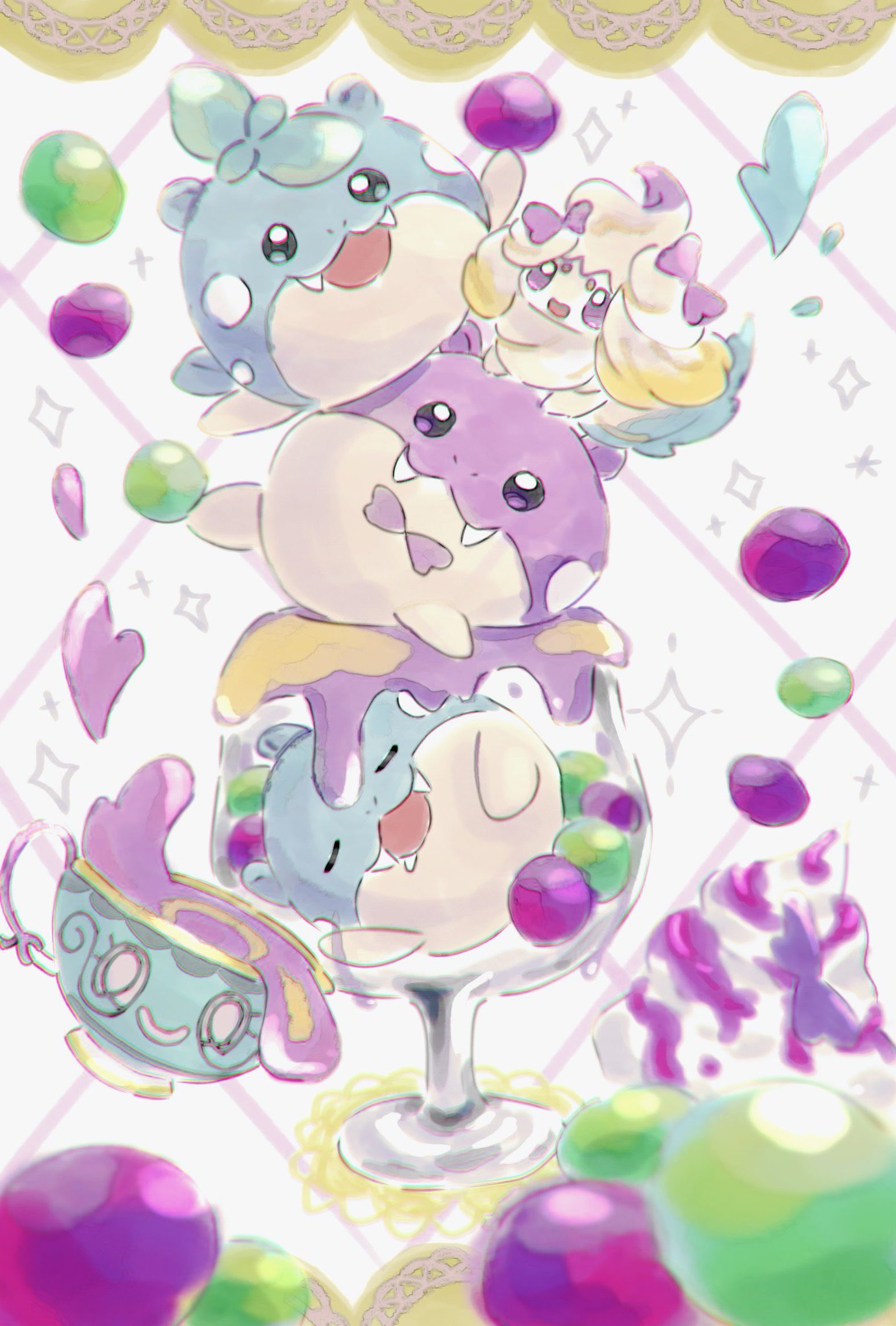 :d alcremie alternate_color ank836 closed_eyes closed_mouth commentary_request cream cup fangs glass heart highres no_humans open_mouth pokemon pokemon_(creature) purple_eyes shiny_pokemon sinistea smile sparkle spheal white_background