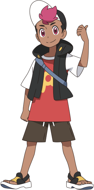 1boy baseball_cap black_hair black_hat black_vest brown_shorts closed_mouth dark-skinned_male dark_skin full_body hand_up happy hat looking_at_viewer male_focus multicolored_hair official_art open_clothes open_vest pink_eyes pink_hair pokemon pokemon_(anime) pokemon_horizons roy_(pokemon) sandals shirt short_hair short_sleeves shorts smile solo standing strap t-shirt thumbs_up toes transparent_background two-tone_hair vest