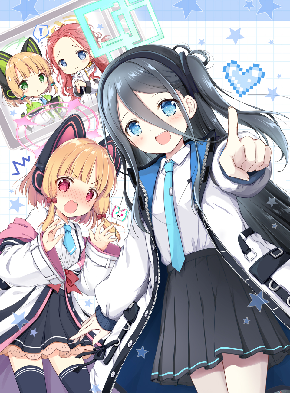 ! 4girls absurdly_long_hair animal_ear_headphones animal_ears aris_(blue_archive) black_hair black_skirt black_thighhighs blonde_hair blue_archive blue_eyes blue_necktie blush collared_shirt fake_animal_ears flying_sweatdrops green_eyes green_halo halo headphones heart highres jacket long_hair long_sleeves midori_(blue_archive) momoi_(blue_archive) multiple_girls nanase_miori necktie open_clothes open_jacket open_mouth pink_halo pleated_skirt red_eyes red_hair shirt short_hair siblings sisters skirt smile spoken_exclamation_mark star_(symbol) thighhighs twins very_long_hair white_jacket white_shirt yellow_halo yuzu_(blue_archive)