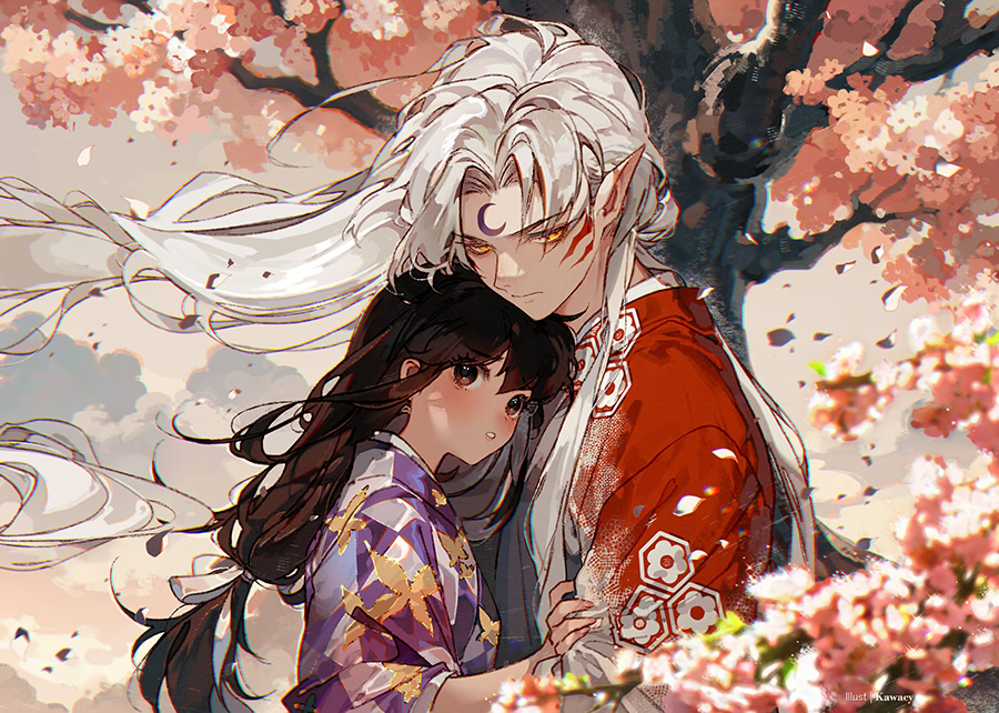1boy 1girl black_hair blush brown_eyes cherry_blossoms closed_mouth cloud cloudy_sky facial_tattoo falling_petals floating_hair glowing glowing_eyes hair_tie han'you_no_yashahime hand_on_another's_arm hetero hug inuyasha japanese_clothes kawacy kimono long_hair looking_at_another looking_to_the_side parted_bangs parted_lips petals pointy_ears purple_kimono red_kimono rin_(inuyasha) sesshoumaru sidelocks sky tattoo teeth tree upper_teeth_only white_hair wind yellow_eyes
