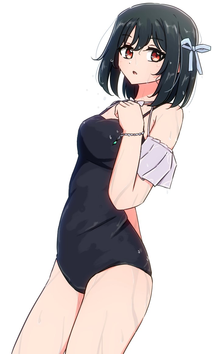 1girl black_hair black_one-piece_swimsuit blue_ribbon breasts hair_ribbon hichi_(asa_makudo) looking_at_viewer love_live! love_live!_nijigasaki_high_school_idol_club medium_breasts mifune_shioriko one-piece_swimsuit open_mouth red_eyes ribbon short_hair solo standing swimsuit upper_body wet wet_clothes wet_hair white_background