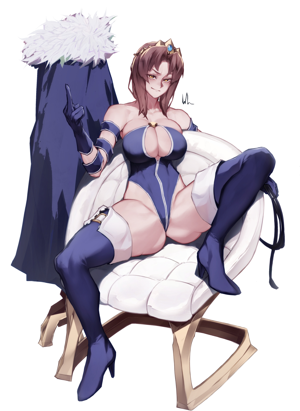 1girl armband blue_armband blue_footwear blue_gloves blue_leotard bluecup boots breasts brown_hair cape chair closed_mouth fur-trimmed_cape fur_trim gloves high_heel_boots high_heels highres holding holding_whip large_breasts leotard marie_pandragon medium_hair middle_finger on_chair sign simple_background sitting smirk solo spread_legs tempest_(game) the_war_of_genesis thigh_boots tiara unworn_cape white_background yellow_eyes