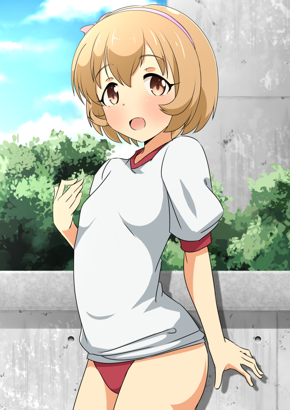 1girl blue_sky blush brown_eyes brown_hair buruma bush day dot_nose flat_chest from_side gym_shirt hairband idolmaster idolmaster_cinderella_girls idolmaster_cinderella_girls_starlight_stage koga_koharu looking_at_viewer naruse_mai open_mouth outdoors pink_hairband red_buruma red_trim shirt short_hair short_sleeves sky smile solo white_shirt