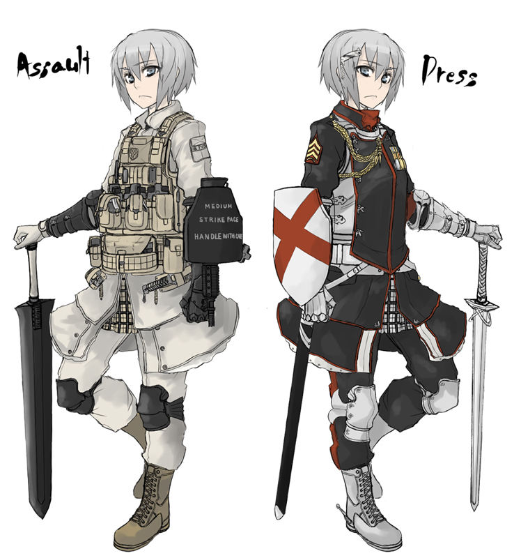 :&lt; armor bad_id bad_pixiv_id boots comparison copyright_request dual_persona english explosive gauntlets grenade grey_eyes grey_hair gun hair_ornament hairclip knee_pads lanyard load_bearing_vest looking_at_viewer military military_operator military_uniform multiple_girls plaid plaid_skirt shield short_hair sigama silver_hair skirt sword symmetry uniform weapon